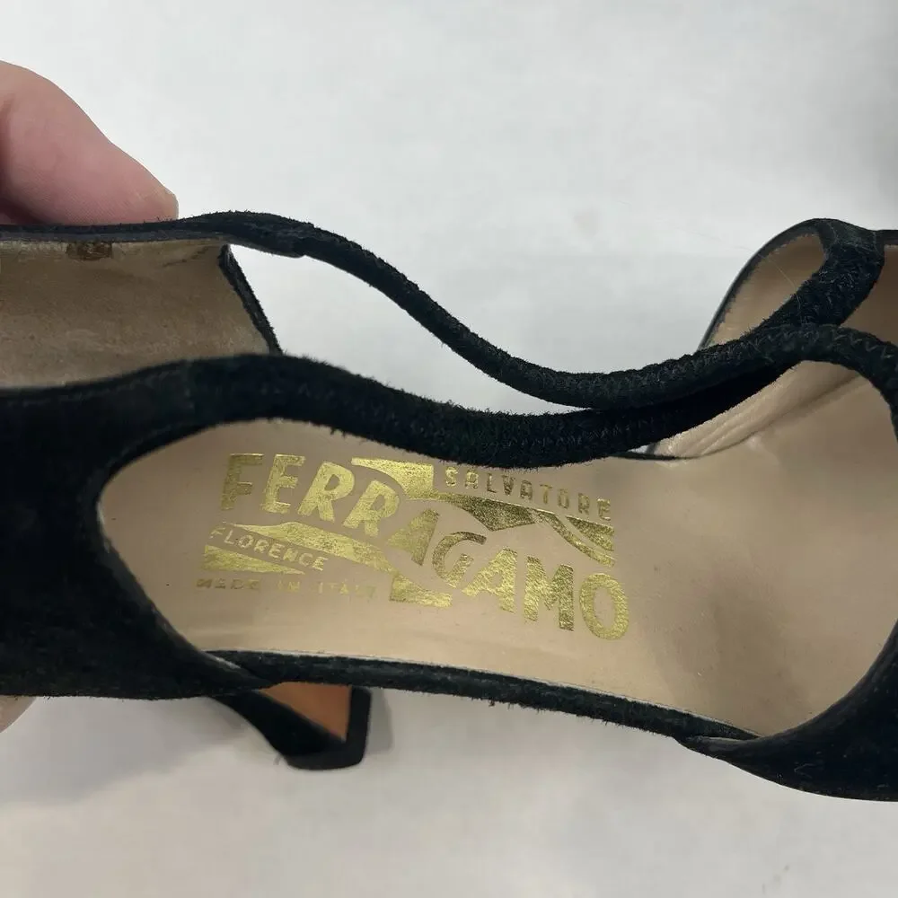 Vintage Salvatore Ferragamo Mary Jane Pumps 7.5 AA Black Suede Made Italy